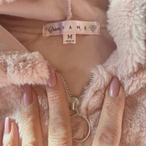 NWOT SET of [Crave Fame] Pink Sherpa Heart Print Zip-Up Hoodie & Pant - Sz M - Picture 9 of 9